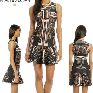 Clover Canyon Gatsby Print Art Deco Flounce Dress like new NWOT XS neoprene